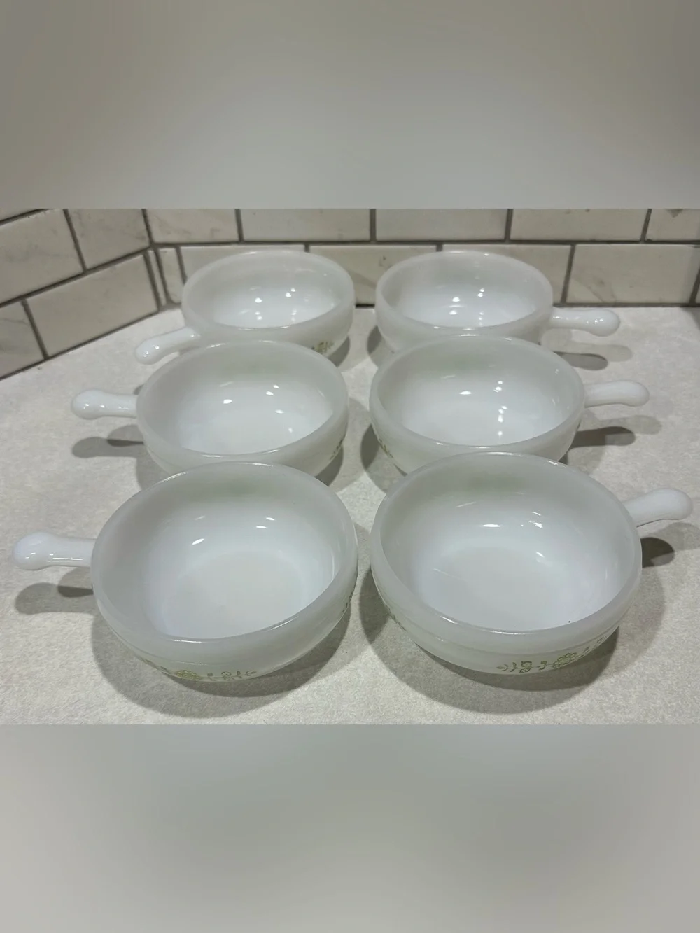 6 -Glasbake Milk Glass Handled Soup Bowl Green Daisy Floral J-2639 MCM USA VTG